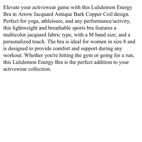 Lululemon Energy Bra, Arrow Jacquard Antique Bark Copper Coil No Cup Pads Size 8 - Picture 6 of 6